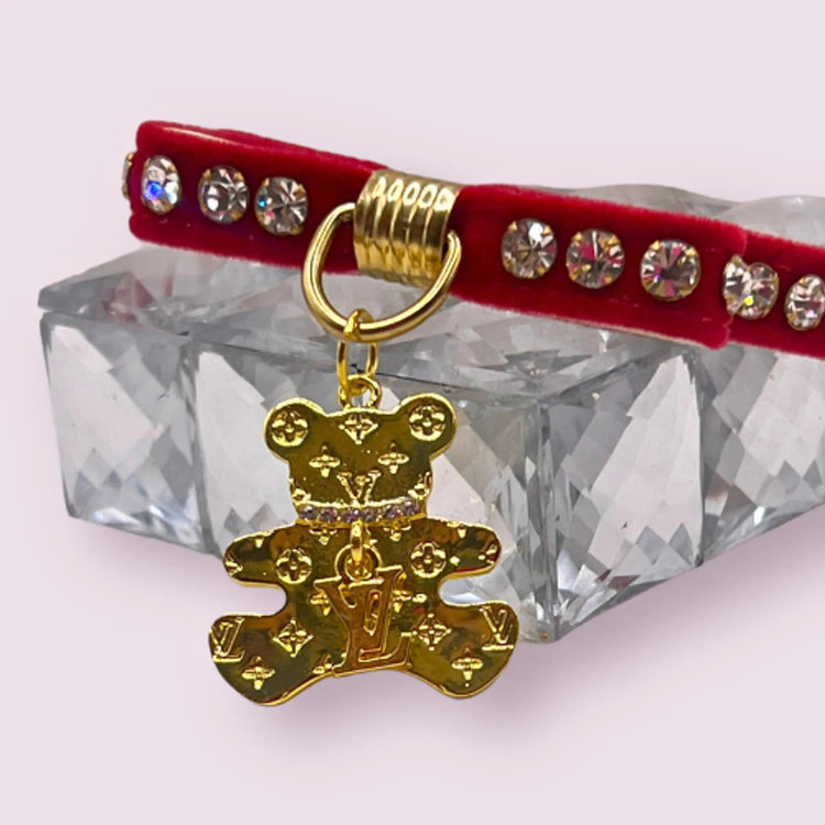 Velvet Bow Bear Charm Dog Collar