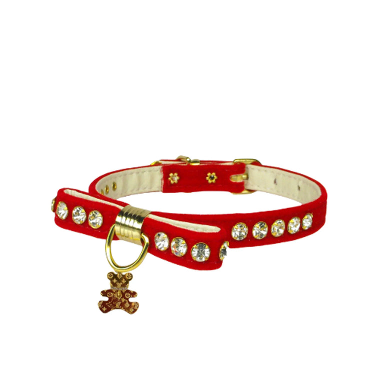 Velvet Bow Bear Charm Dog Collar